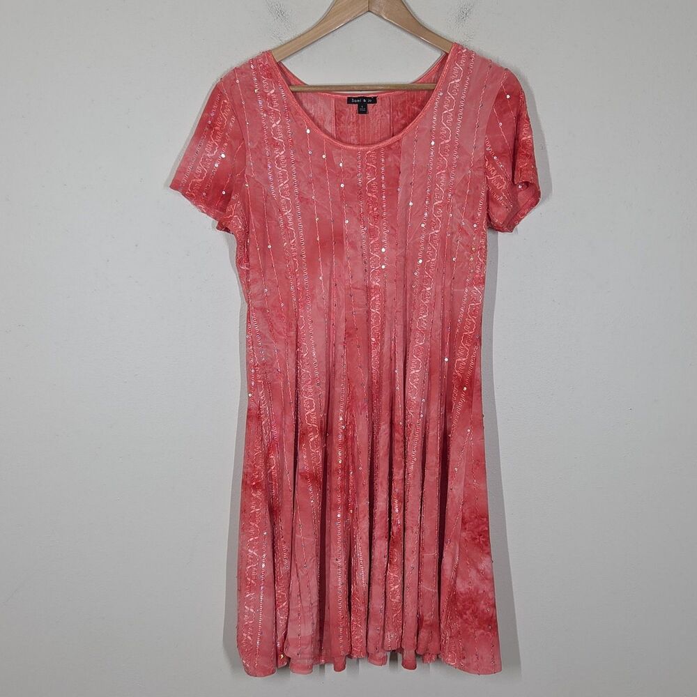 Vtg Y2K Sami & Jo Coral Sequin Embroidered Tie Dye Mini Dress L Fairy Grunge